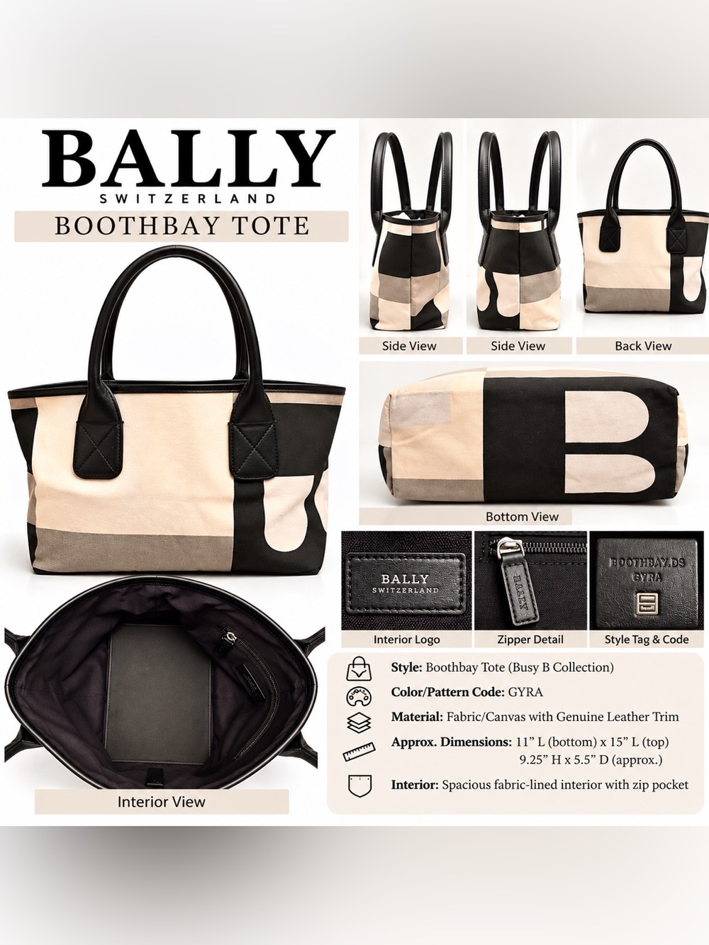 Bally Boothbay Busy B Graphic Canvas Leather Tote Bag Black Beige